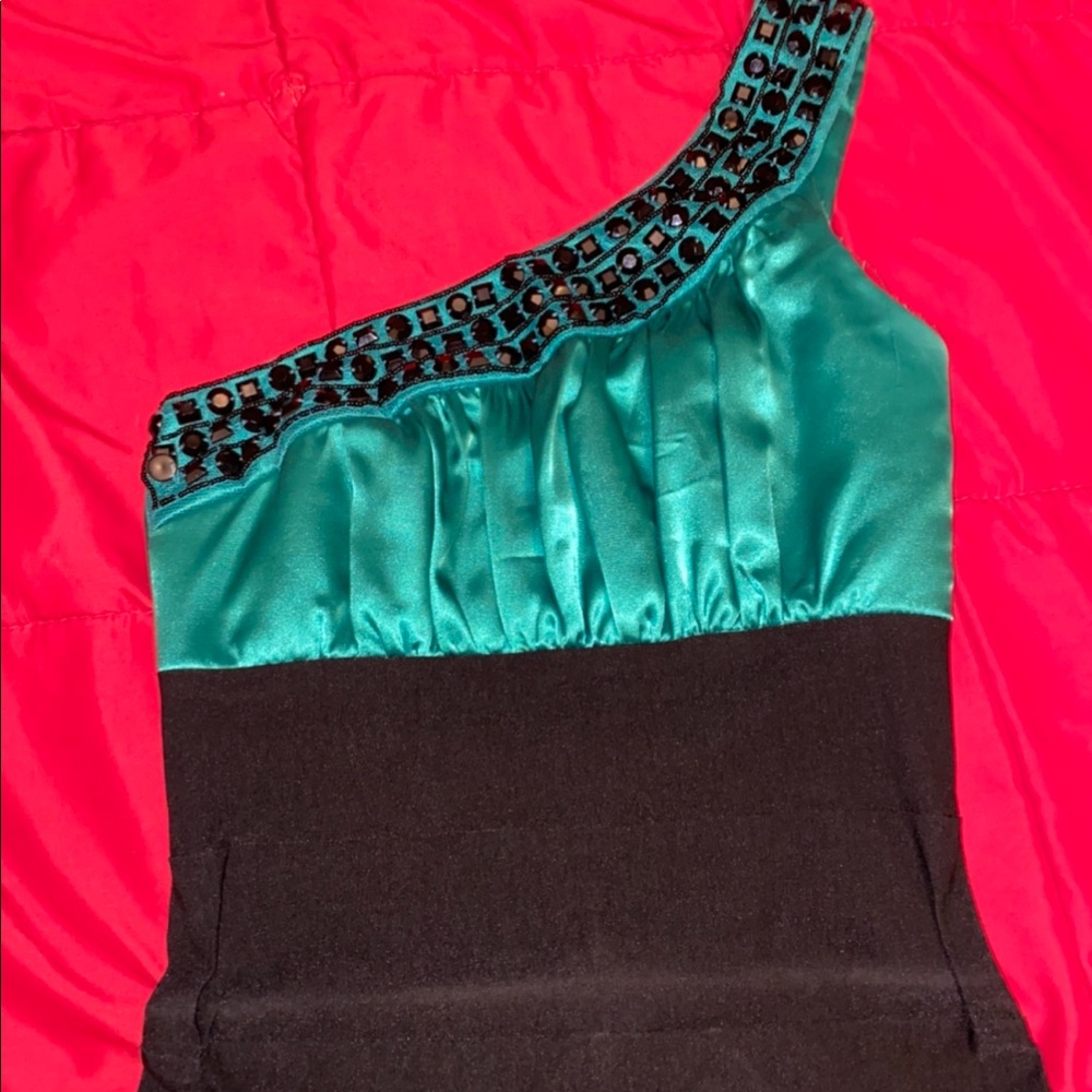 Cute one shoulder black dress with black gems